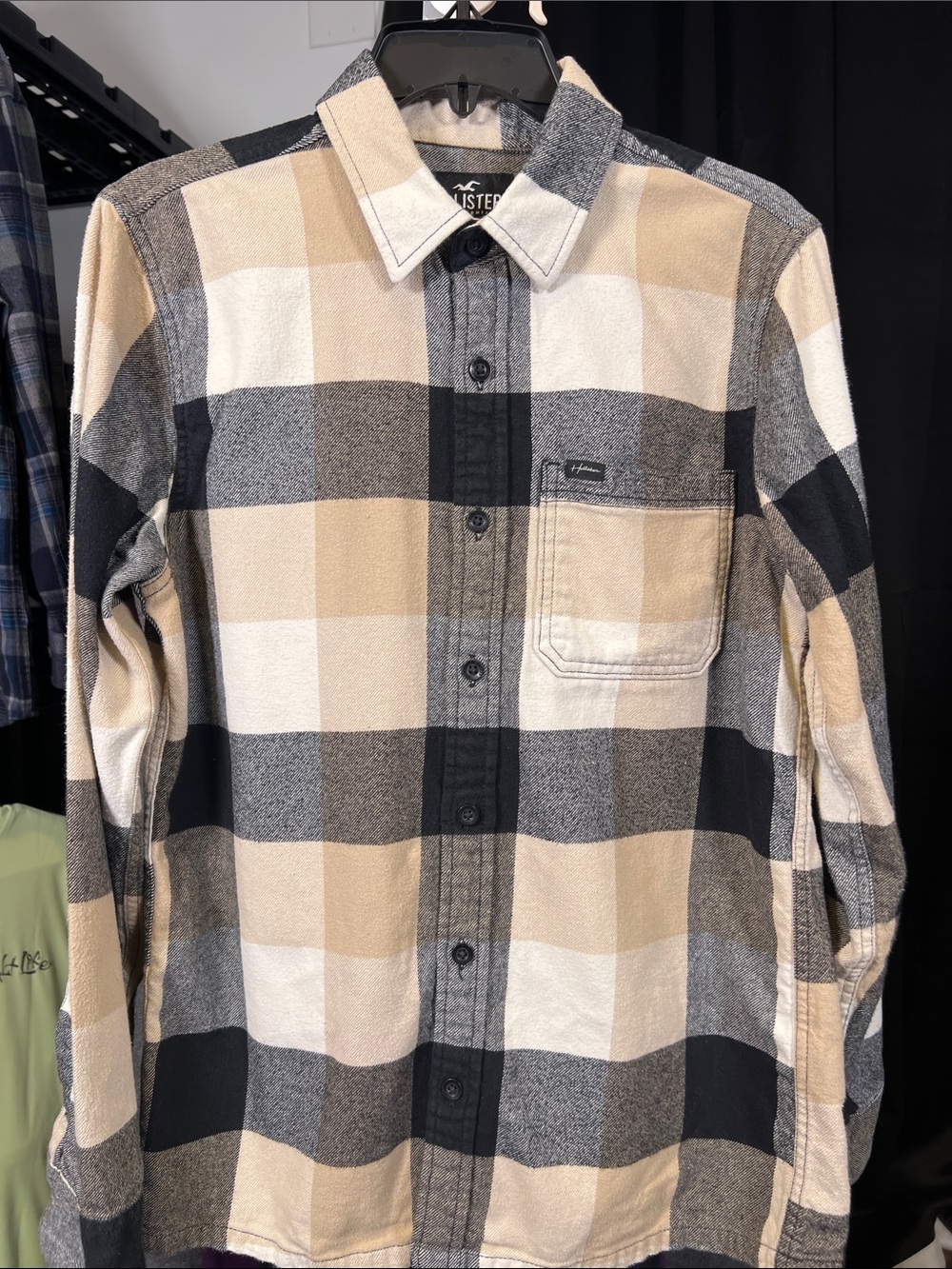 Hollister Men's Beige, Black & White Plaid Button-Down Shirt